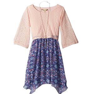 Speechless Girls Long Sleeve Lace Chiffon Hanky Hem Pop Over Dress + Necklace 14